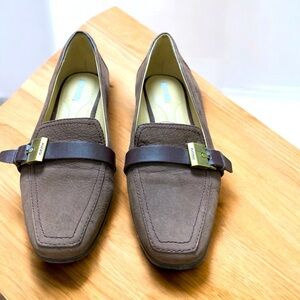 GEOX Brown Suede Loafers Size 39 Square Toe Gold Hardware